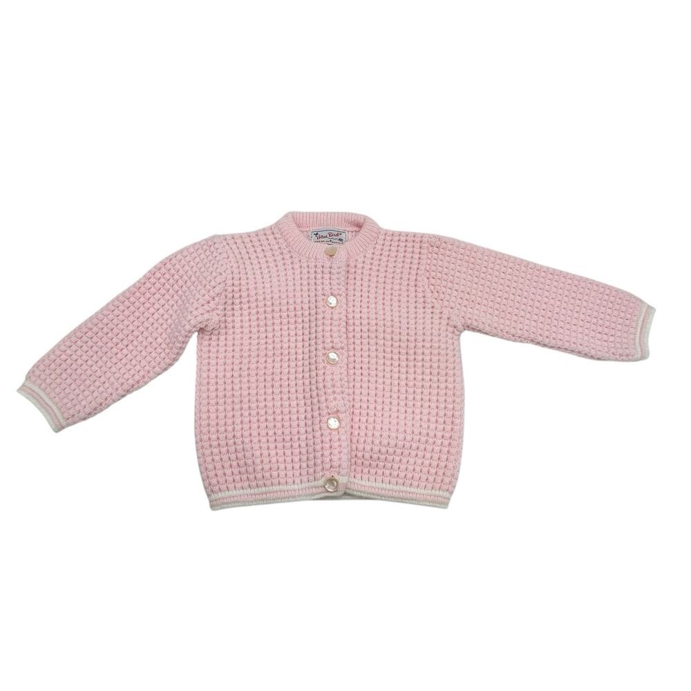 Vtg BLUE BIRD Baby Cardigan Sweater Sz 3-6M Waffle Knit Pearl Button Cottage USA - Picture 5 of 9